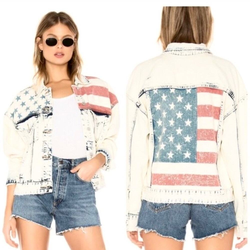 Blank NYC Jacket American Flag Denim Acid Wash Distressed Boho Red Blue Size M